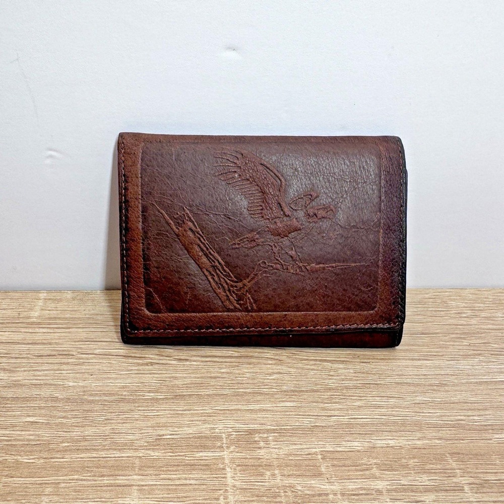 Vintage Amity Brown Genuine Leather Eagle Embossed Bifold ID Wallet
